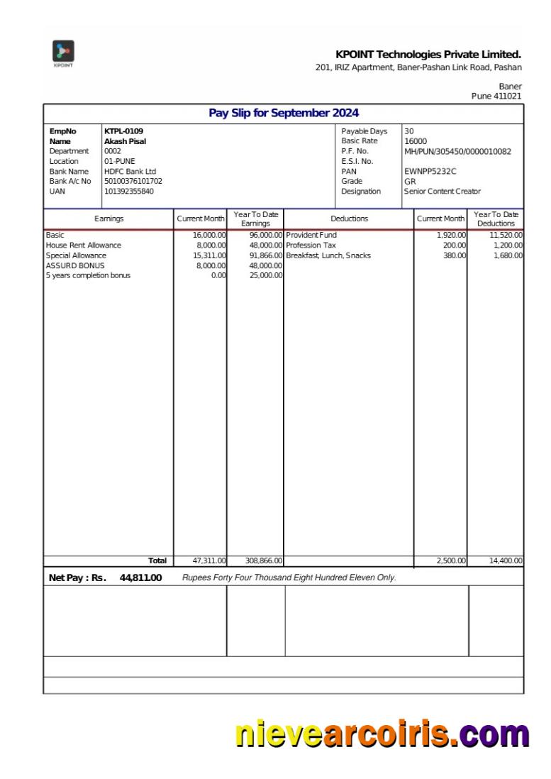 KPOINT Technologies payslip